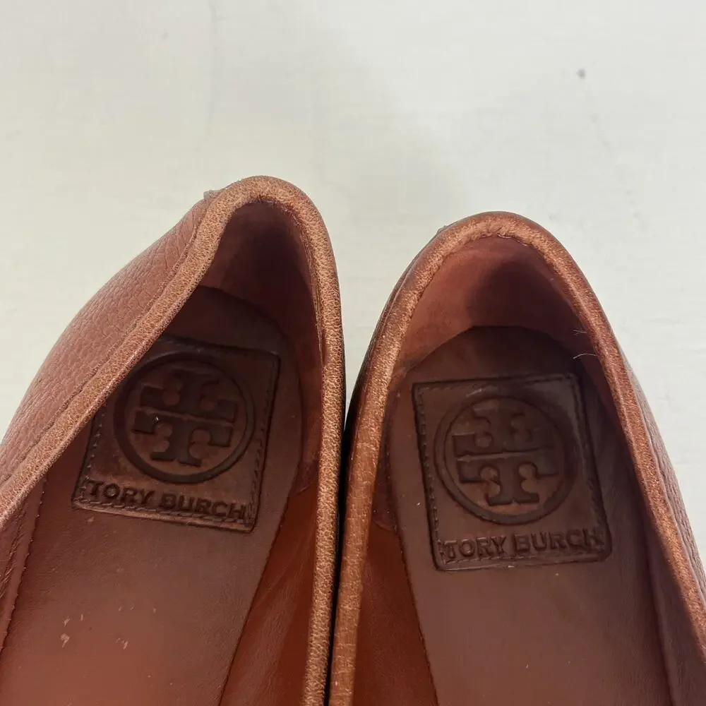 Tory Burch Brown Pebbled Leather Gold Reva Buckle Elina Ballet Flats Size 7M